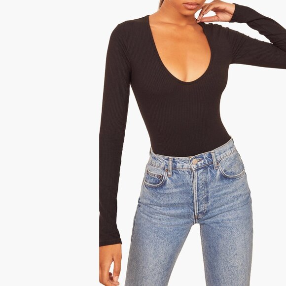 Reformation Indie Long Sleeve Bodysuit XL Ribbed Black Minimalist Tencel Fitted - Picture 9 of 9